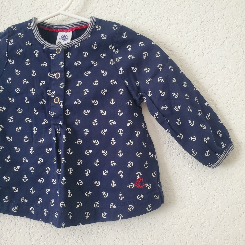 Petit Bateau Baby Navy Blue Anchor Print Nautical Cotton Long Sleeve Shirt 12 M